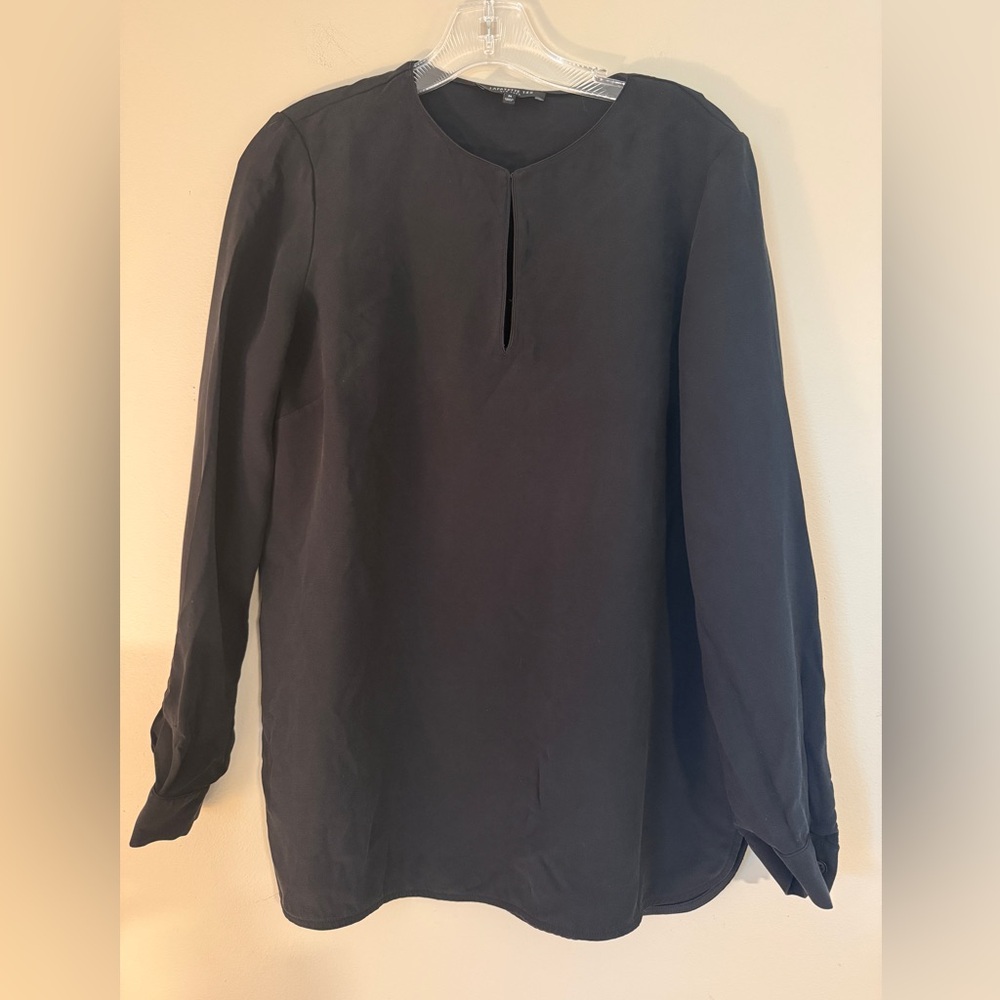 Lafayette 148 New York Black Silk Long Sleeve Blouse Tunic Keyhole Medium